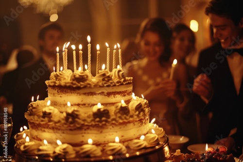 Group of people gathered around a cake with lit candles to celebrate a birthday, A birthday party scene with a large, tiered cake and lit candles