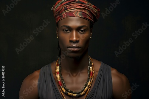 Elegant portrait of a young man with cultural headwear and necklaces
