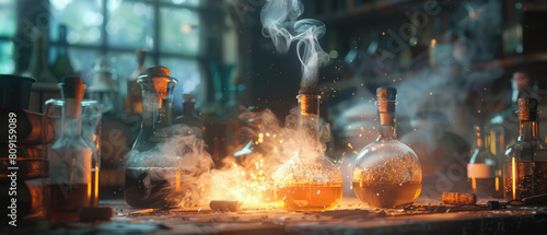 The enchanting world of magical potion brewing as the alchemist works wonders in the laboratory, illuminated by natural lighting.