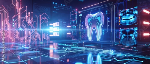An illustration of modern healthcare technology depicts a dentist with holographic displays showing dental structure crosssections