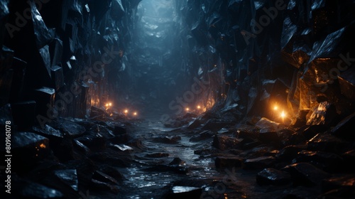 Mysterious dark fantasy cave with glowing lights