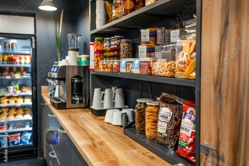 A store packed with a wide variety of food and drinks, including snacks and a coffee machine, A break room stocked with snacks and a coffee machine