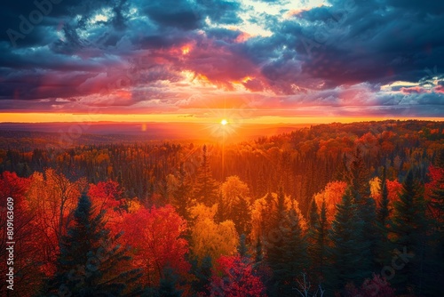 The sun descends behind a dense forest filled with trees, A breathtaking sunset over a forest ablaze with fall colors