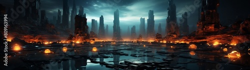Futuristic sci-fi cityscape with glowing lights and reflections