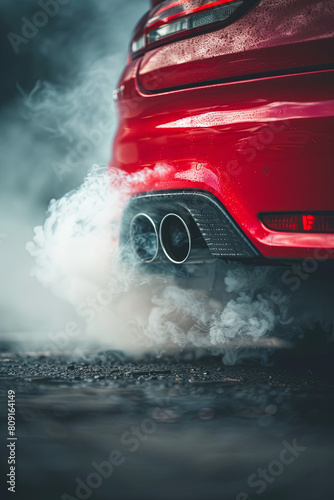 Close up of a red car dual exhaust pipe with smoke around it 