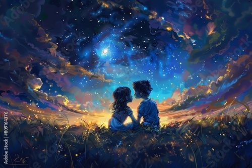 Two children, a brother and sister, sitting in a field looking up at the stars in the night sky, A brother and sister sharing a secret under the stars