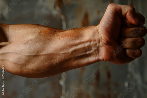 A detailed view of a mans arm showing bruised and swollen bicep muscles indicating trauma, A bruised and swollen bicep, indicative of trauma