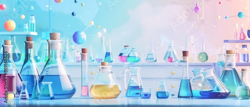 School Chemistry Lab Supplies are arranged in a clean, digital illustration emphasizing the precision in scientific education, Sharpen banner template with copy space on center
