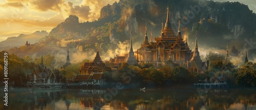 Thai art design explores the spiritual facets of Buddha s teachings through serene temple landscapes, enhanced by a sharpen landscape