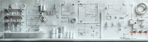 Mechanical Engineer's Wall: Adorned with mechanical drawings, CAD models, and a board with engineering calculations