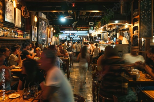 Busy restaurant scene with customers sitting at tables and staff moving about, A bustling dining area with people moving about