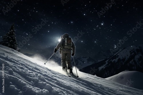 Solitary skier hikes up a snowy slope in the serene night, stars twinkle above in the quiet wilderness