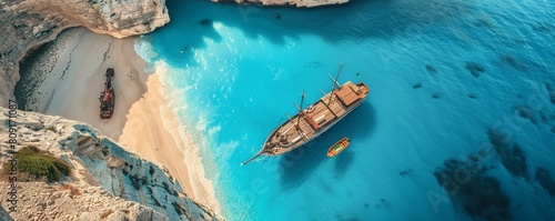 Aerial Drone view of the Navagio Shipwreck Beach, Zakynthos in Greece.