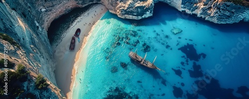 Aerial Drone view of the Navagio Shipwreck Beach, Zakynthos in Greece.