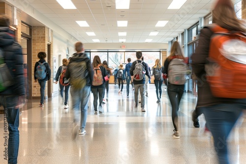 A group of individuals with a buzzing energy, walking quickly down a hallway, A buzzing energy as students hurry to their next class