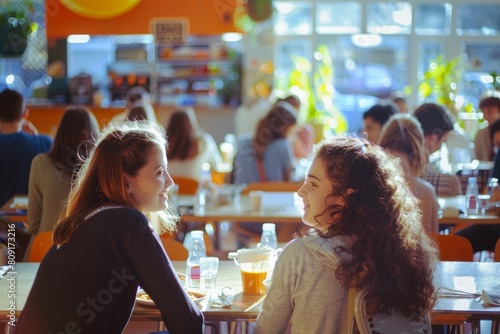 Two women sitting at a table in a bustling restaurant, engaged in conversation over a meal, A cacophony of laughter and chatter during lunchtime in the cafeteria