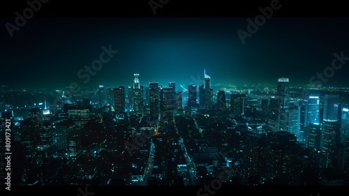 Photo of city lights on the horizon at night from a drone.