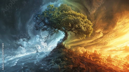 The tree of life stands tall in the center of a swirling storm, its roots firmly planted in the ground. The storm rages around it, but the tree remains steadfast. Its branches reach out towards the sk