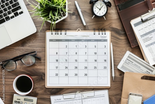 A desk neatly arranged with a calendar, pen, eyeglasses, and a laptop for efficient work organization, A calendar displaying upcoming deadlines and meetings