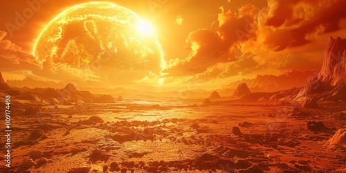 A barren rocky landscape with a large red sun in the sky.
