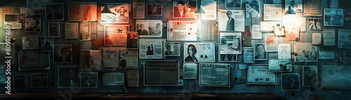 Criminal Investigator's Wall: Covered in crime scene photos, suspect profiles, and a board with investigation leads.
