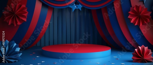 Circus stage podium background to celebrate Independence Day, vibrantly executed in paper art styles, banner sharpen with copy space
