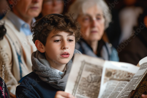 A Jewish family celebrates a Bar Mitzvah. Celebrating a bar mitzvah in the city synagogue. A young man performs a festive bar mitzvah ceremony. 