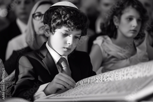 A Jewish family celebrates a Bar Mitzvah. Celebrating a bar mitzvah in the city synagogue. A young man performs a festive bar mitzvah ceremony. 