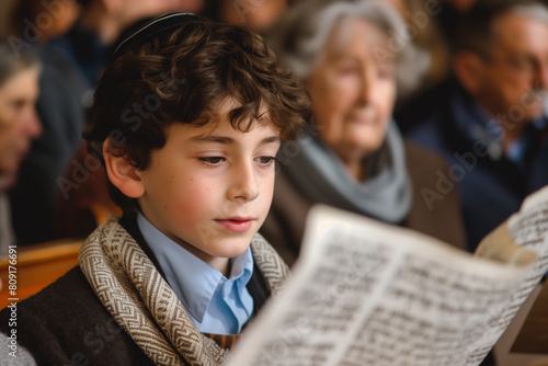 A Jewish family celebrates a Bar Mitzvah. Celebrating a bar mitzvah in the city synagogue. A young man performs a festive bar mitzvah ceremony. 