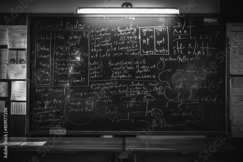 A blackboard covered in chalk dust showcasing a multitude of elegant cursive writing, A chalk dust-covered blackboard with elegant cursive handwriting and mathematical equations