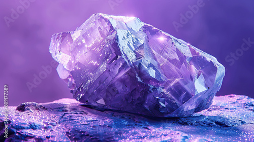 Studio macro very close-up shot, product photography, Indium rare and precious metal rock. Isolated against purple background. Bright, studio lighting. Very modern, contemporary, current style