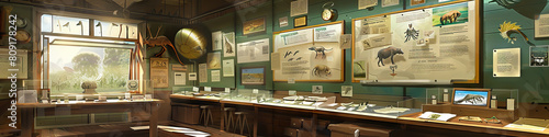 Museum Curator's Wall: Adorned with exhibit plans, artifact photos, and a board with conservation notes