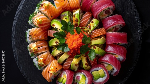 Assorted sushi and sashimi platter with fresh ingredients