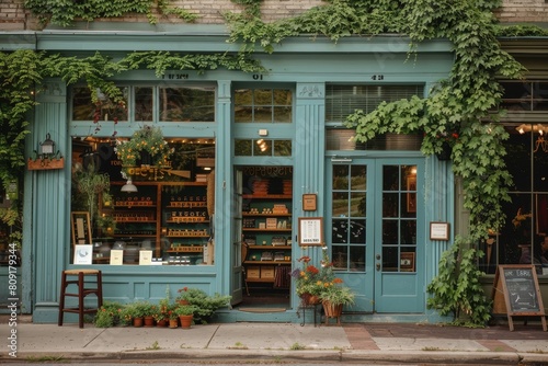 Numerous green plants growing on the storefront of a charming building in a historic downtown district, A charming storefront in a historic downtown district