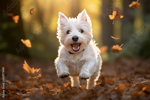 Westie dog romps happily among falling leaves in warm autumn light