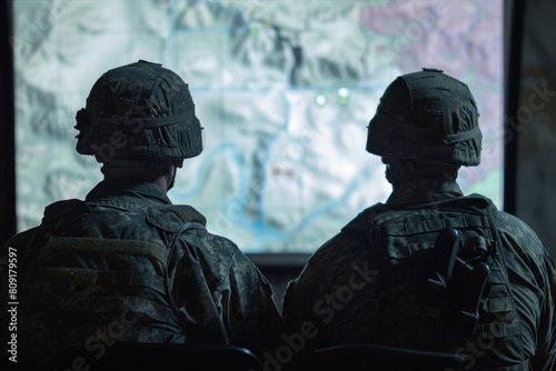 Soldiers reviewing operational maps in military briefing room