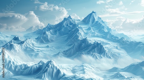 A painting of a vast icy mountain range.