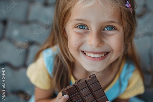 child, girl with a chocolate bar in her hand.cocoa beans fruit. happiness. childhood chocolate Factory. sweetness. dessert