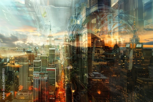 A cityscape with a futuristic city looming in the background, showcasing a blend of modern and advanced architectural features, A cityscape altered by time travel and temporal anomalies