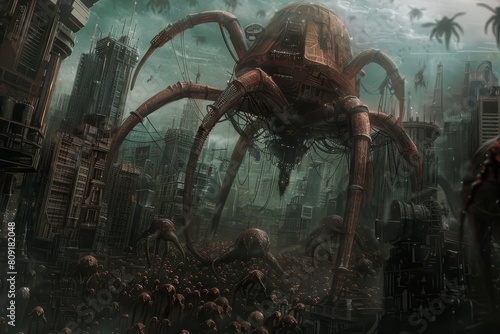 A massive spider is seen in the city, drawing attention and causing chaos, A cityscape besieged by a horde of techno-organic creatures