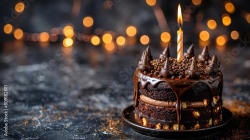  A chocolate cake atop a plate, smothered in chocolate frosting, with a lit candle crowning it