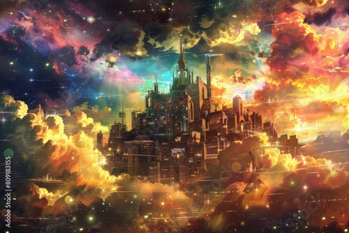 A painting depicting a city floating in the sky, powered by a cosmic artifact of unknown origin, A cityscape powered by a cosmic artifact of unknown origin