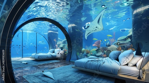 Modern bedroom with full underwater ocean view, vibrant coral reefs and marine life