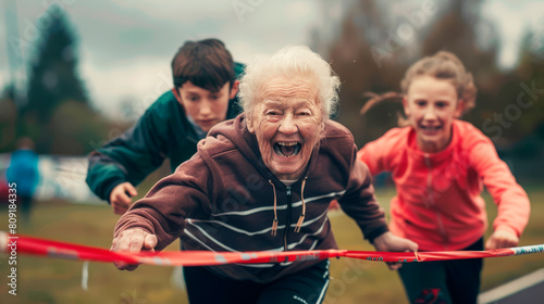 An elderly woman overtakes teenagers in a running competition. Sporty lifestyle. Active longevity. 