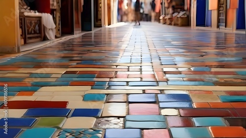 A mosaic-tiled floor in a bustling marketplace, each colorful tile a testament to the vibrant culture and craftsmanship of the region
