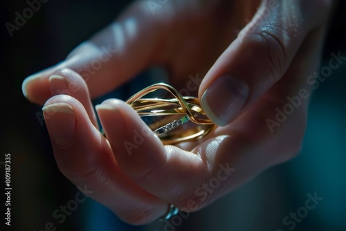 Closeup of intertwined fingers holding a wedding band, A close-up of intertwined fingers with wedding bands