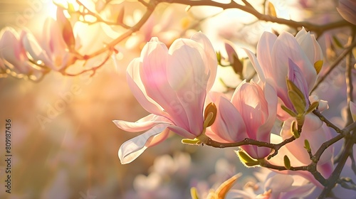 Dawns early light catches the delicate dew on blooming magnolia flowers