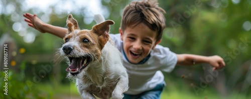 Boy running with Jack Russell Terrier in park. Candid outdoor photography. Family and pets concept.