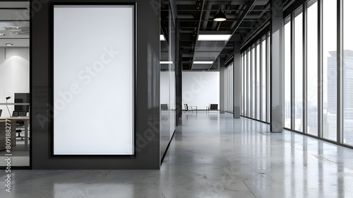 contemporary office corridor interior with mock up white billboard, glass doors, and modern furniture on concrete floors - architectural and design concept 