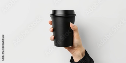 Hand holding a black paper coffee cup with a black lid. Studio close-up photography. Coffee to-go concept.